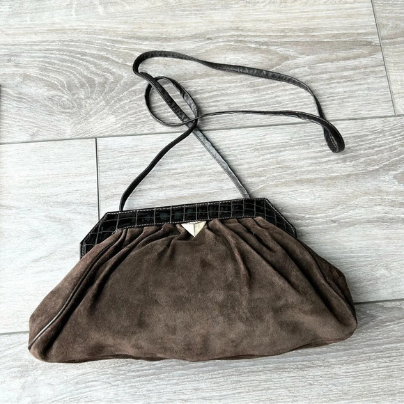 Vintage High Fashion Croc Patent Leather Suede  Leather Crossbody Clutch - Picture 3 of 15